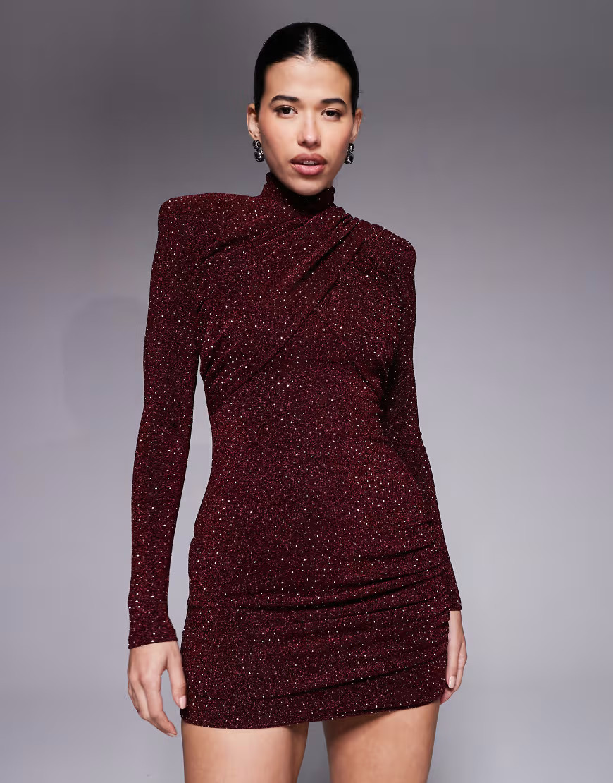 Ruched & Ready I'm Her removable shoulder pad detail high neck cross front long sleeve hotfix mini dress in wine-Red | ASOS (Global)