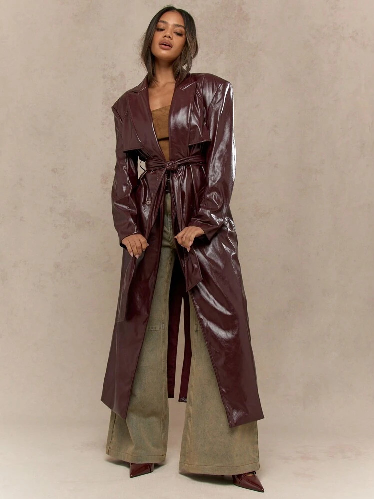 MISSGUIDED Faux Leather Back Slit Thick Belted Longline Long Sleeve Trench Coat With Side Pockets Winter Wear | SHEIN