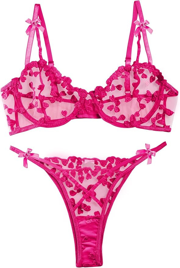 Lilosy Sexy Underwire Cute Push Up Strappy Embroidered Mesh Sheer Lingerie Set See Through Panty ... | Amazon (US)