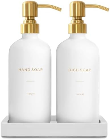 Gold Soap Dispenser Set, Glass Soap Dispenser with Stainless Steel Pump, Perfect for Modern Kitch... | Amazon (US)