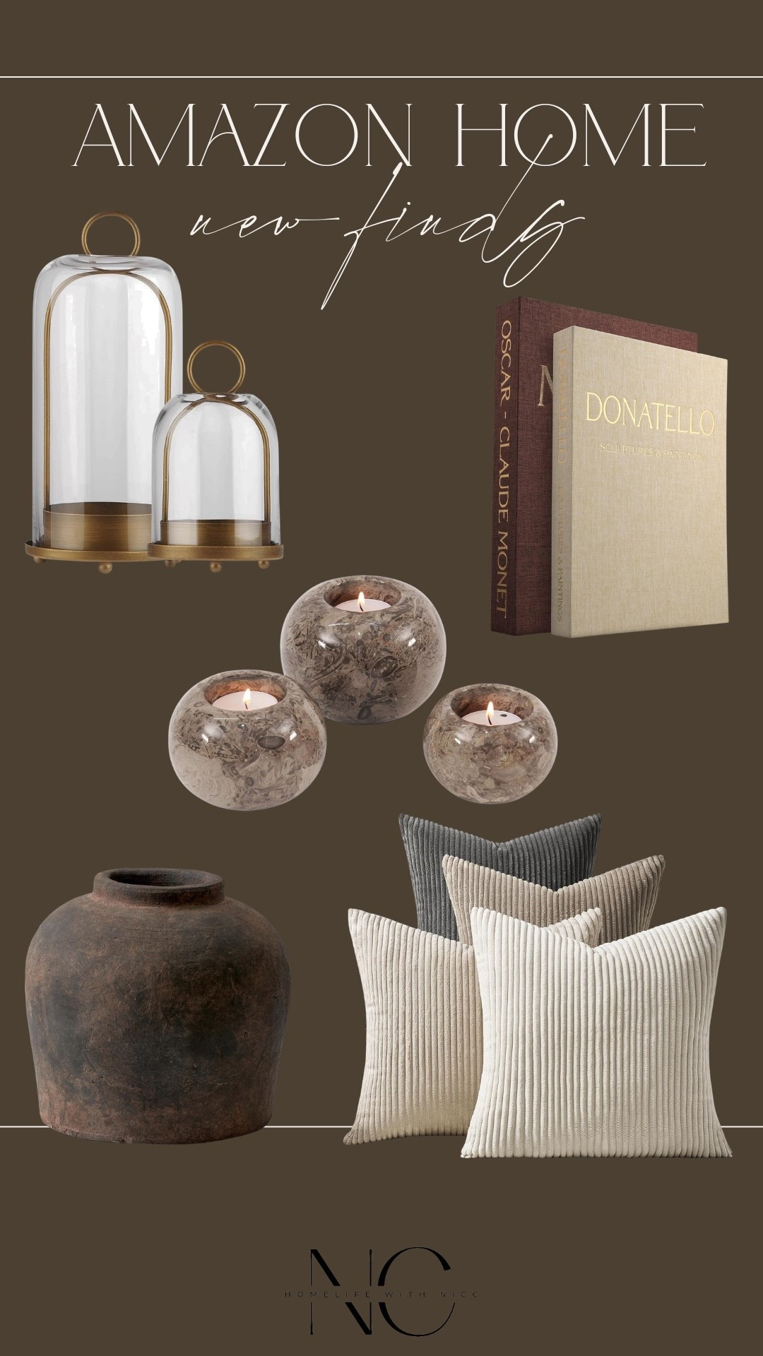 Amazon Home finds that are giving Pottery Barn vibes!! These home decor finds look so high end but won’t break the bank!! These antique brown vase is a little on the mid-luxury side but everything else is under $50 and SO WORTH IT!!! The neutral coffer table book are actually boxes to hide remotes etc. The gold hurricanes sre stunning and these throw pillows match any home style  

#LTKHome #LTKdayinmylife #LTKSaleAlert