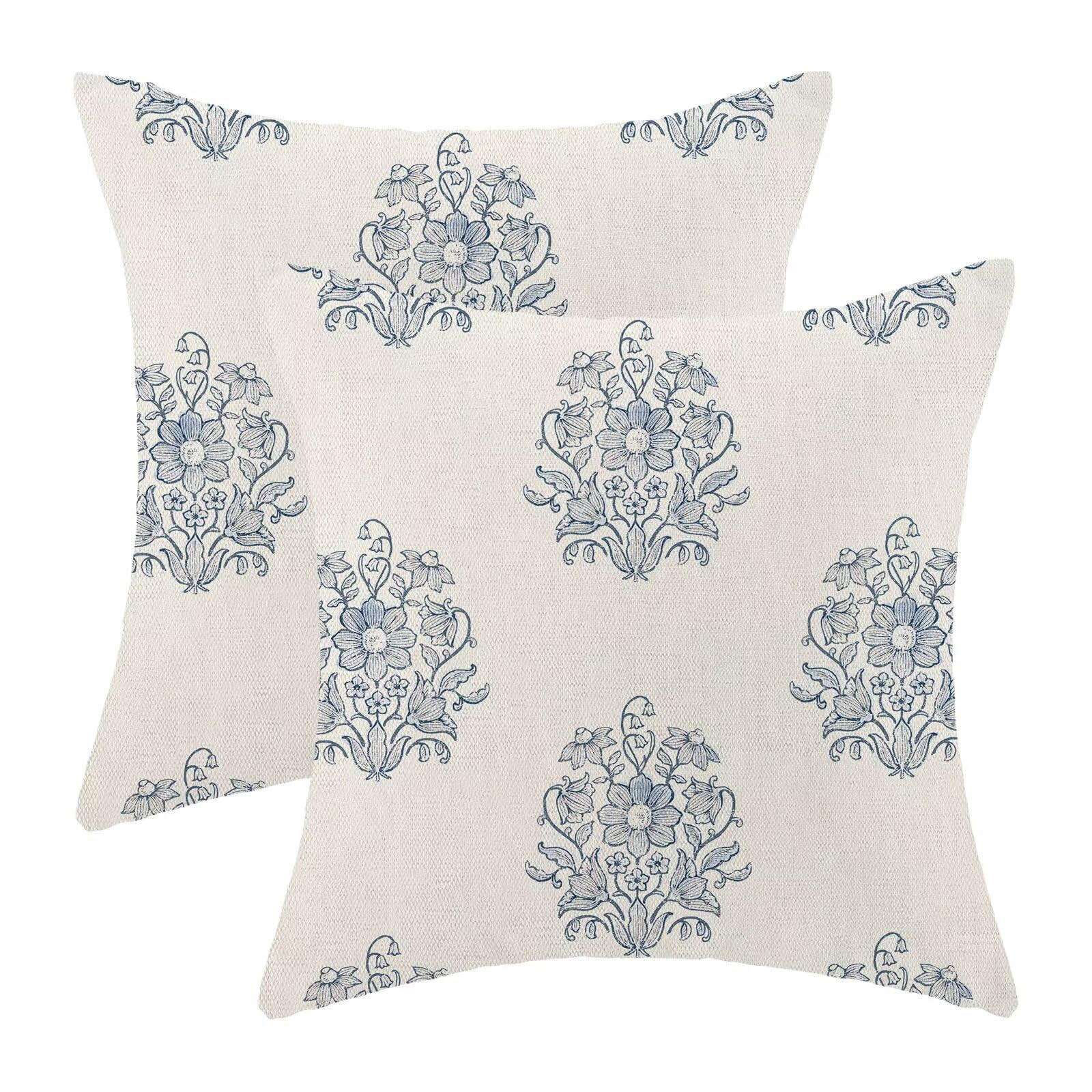 Light Blue Floral Pillow Covers 18x18 Inch Set of 2, Blockprint Flower Outdoor Decorative Wildflo... | Amazon (US)