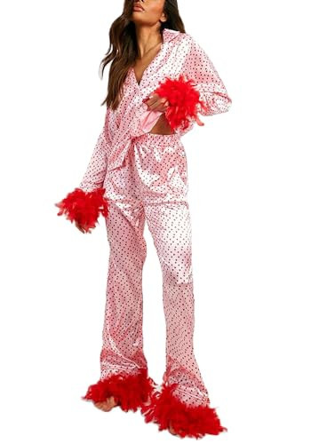 NUFIWI Women Heart Print Pajamas Long Sleeve Feather Trim Pj Set Button Down Shirt Pajama Pants Matching 2 Piece Loungewear(B Fur Trim Pink,L) | Amazon (US)