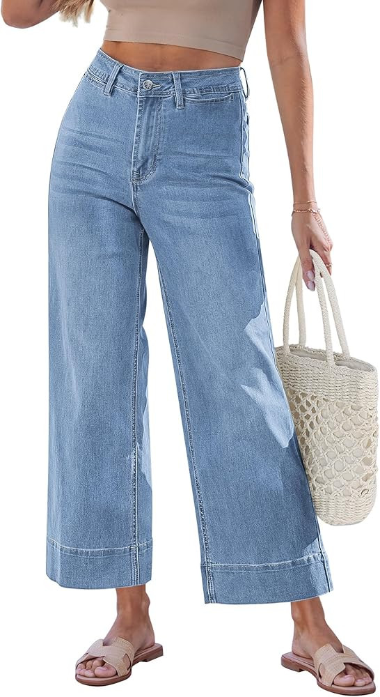GRAPENT Wide Leg Jeans for Women Cropped Trendy High Waisted Welt Pocket Stretchy Denim Pants Dis... | Amazon (US)