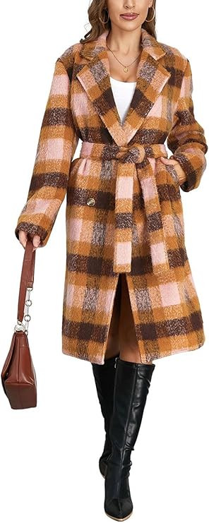 utcoco Women's 2024 Fuzzy Wool Coat Fashion Notch Lapel Long Sleeve Plaid Belted Trench Coat | Amazon (US)