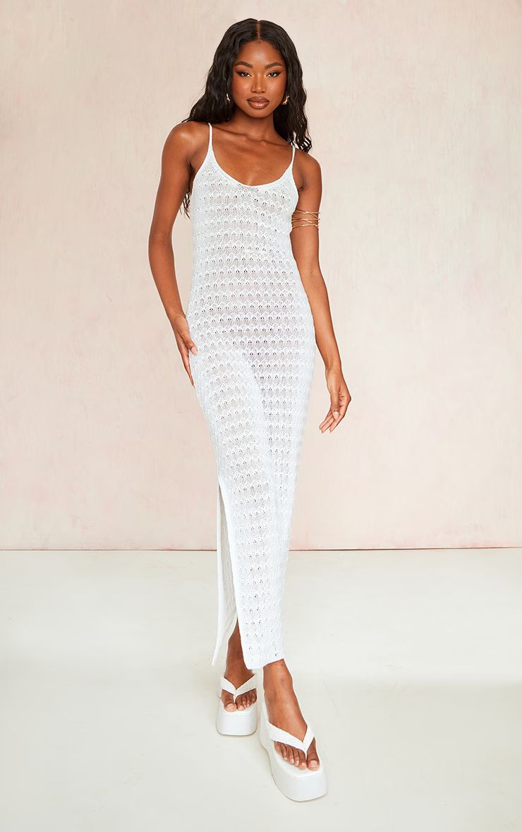 White Crochet Knitted Side Split Maxi Dress | PrettyLittleThing UK