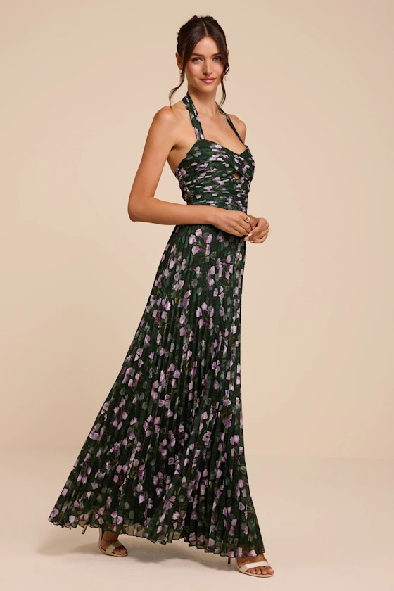Marlene Dark Green Floral Pleated Halter Maxi Dress | Lulus