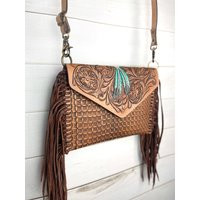Western Leather Feather Tooled Fringe Envelope Purse | Etsy (US)