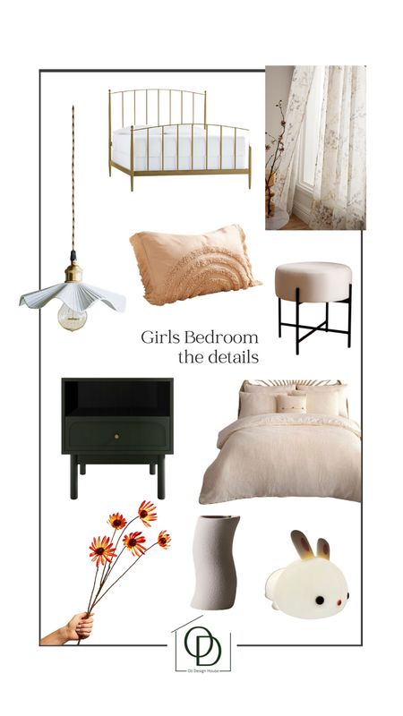 The details for a tween girls bedroom design, dark green nightstand with one drawer, rainbow frill pillow, faux daisy stems, wavy vase, bunny nightlight, lace curtains and a scalloped pendant light 

#LTKstyletip #LTKhome #LTKfindsunder100