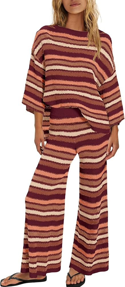 ReachMe Womens Oversized Striped 2 Piece Set Sweater and Wide Leg Pants with Pockets Pajama Loung... | Amazon (US)