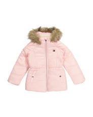 Little Girl Long Chevron Puffer With Faux Fur On Hood | TJ Maxx