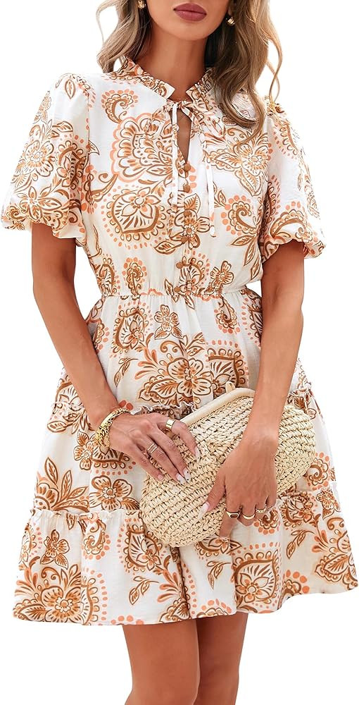 BTFBM Women Summer Floral Short Dresses V Neck Short Sleeve Tiered Ruffle Boho Swing Dress A-Line... | Amazon (US)