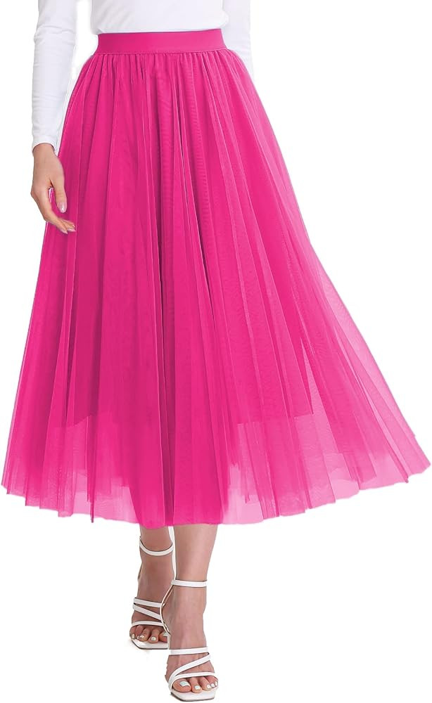 Women’s Tulle Skirts Midi Elastic High Waist Pleated Mesh Flowy A-Line Party Long Tutu Skirts... | Amazon (US)
