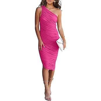 PRETTYGARDEN Women's Ruched Bodycon Dress 2023 Summer One Shoulder Sleeveless Party Cocktail Penc... | Amazon (US)