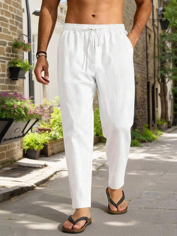 Manfinity RSRT Men's Casual Solid Color Elastic Waist Straight Leg Pants, Suitable For Daily Casual, Weekend Outings, Friendly Gatherings, Vacation Travel, And Other Relaxed Social Activities. This Pant Is An Indispensable Versatile Item In A Man's Wardrobe, And Makes An Excellent Gift For Boyfriends Or Husbands. White Baggy Pants White Dress Pants Men White Linen Pants | SHEIN