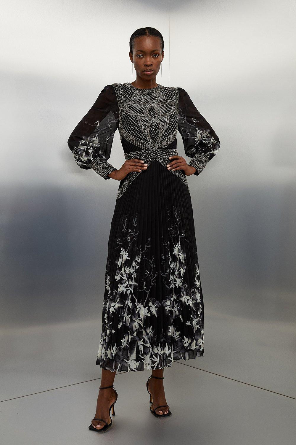 Embellished Long Sleeve Pleated Woven Midi Dress | Karen Millen US