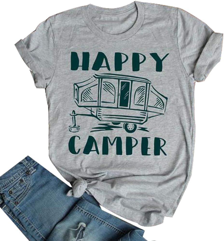 Happy Camper Shirt Women Funny Camping Shirts Camping Graphic Tees Vintage Hiking and Camper Shir... | Amazon (US)