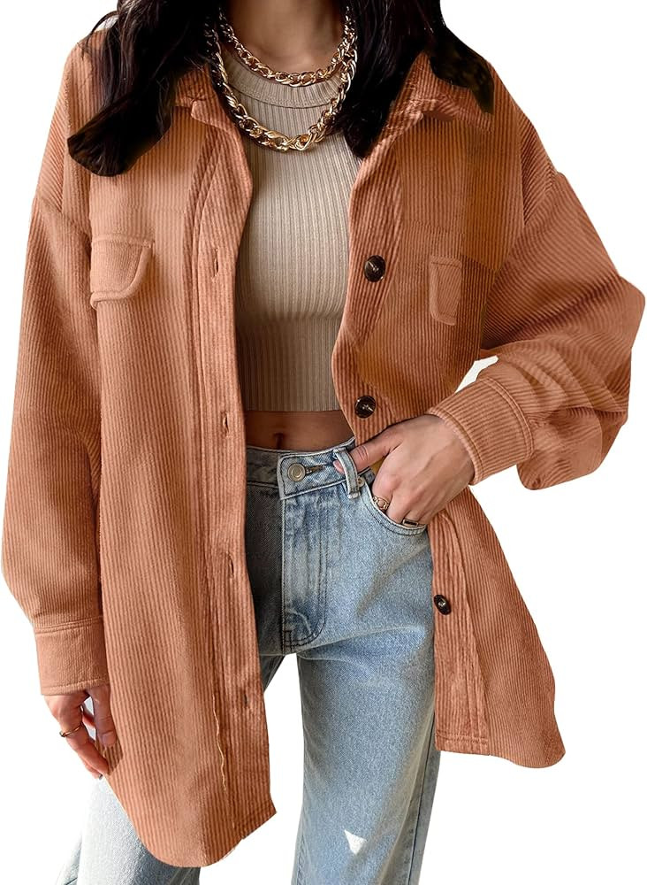 VICHYIE Womens Corduroy Shacket Blouses Button Down Shirts Pocket Long Sleeves Tops Jacket Coats | Amazon (US)