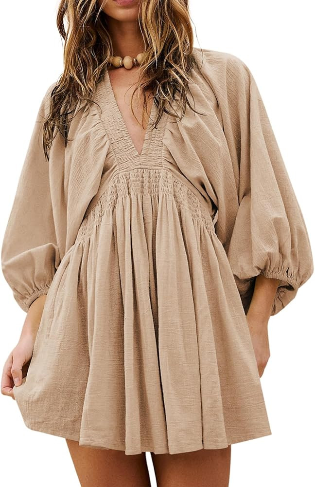 Acelitt Fall Dresses for Women 2024 Casual Long Sleeve V Neck Flowy Swing Shift Mini Dress | Amazon (US)