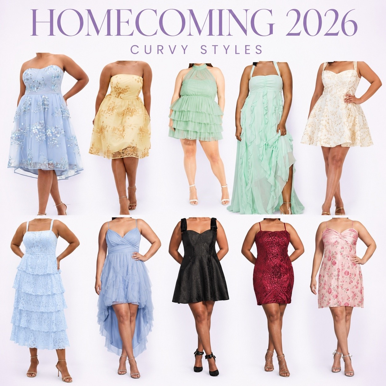 An assortment of dresses for girls with curves and the hope they can wear strapless bras with these.