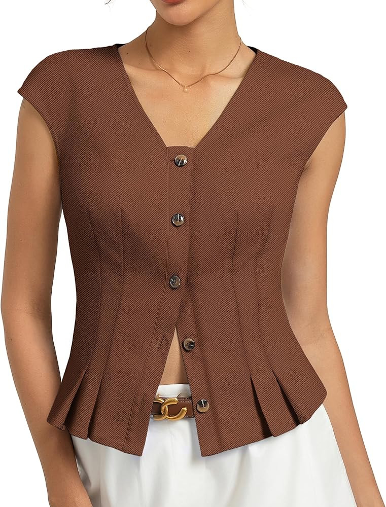 Kate Kasin Womens Button Down Crop Tops, Cap Sleeve Work Shirt, Slim Fit Cute Vest Trendy | Amazon (US)