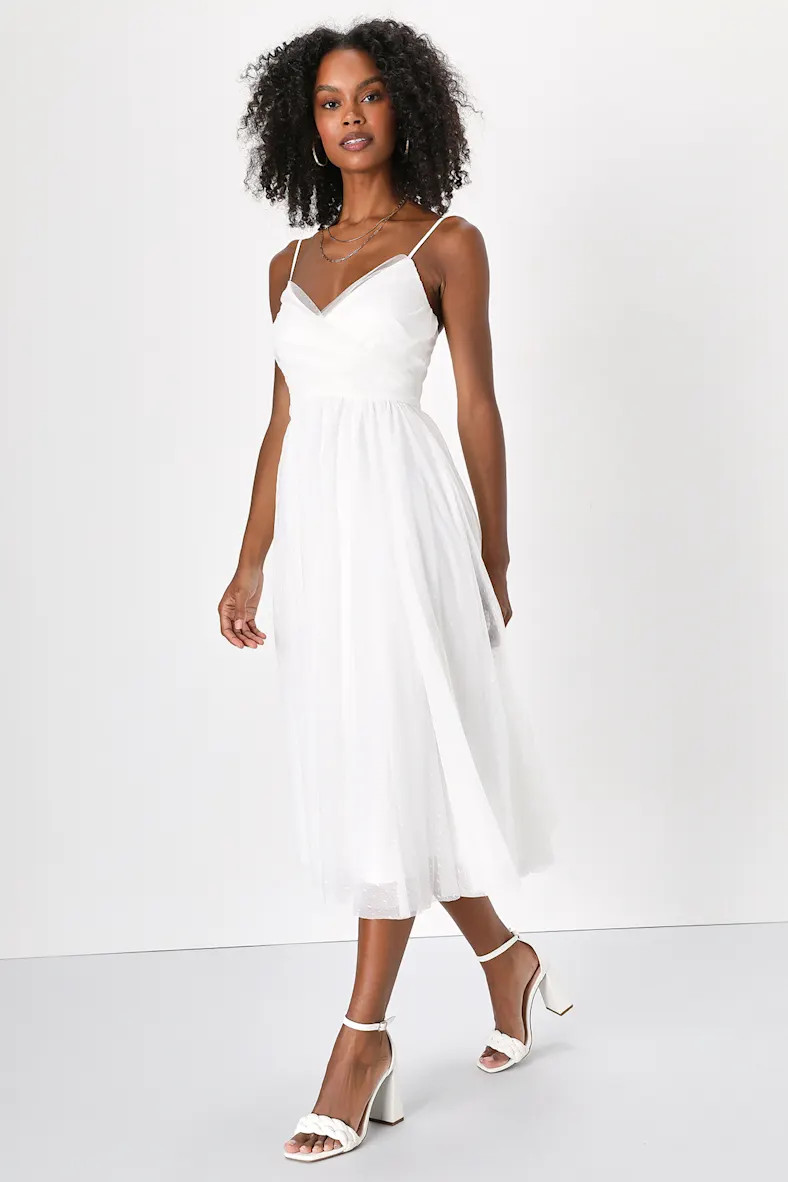 Sweet Serenade White Tulle Swiss Dot Surplice Midi Dress | Lulus