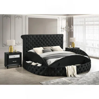 Luxurious 1Pc Glam King Size Tufted Headboard Upholstered Storage Round Bed Black Footboard Storage Wooden Bedroom Furniture | Wayfair North America