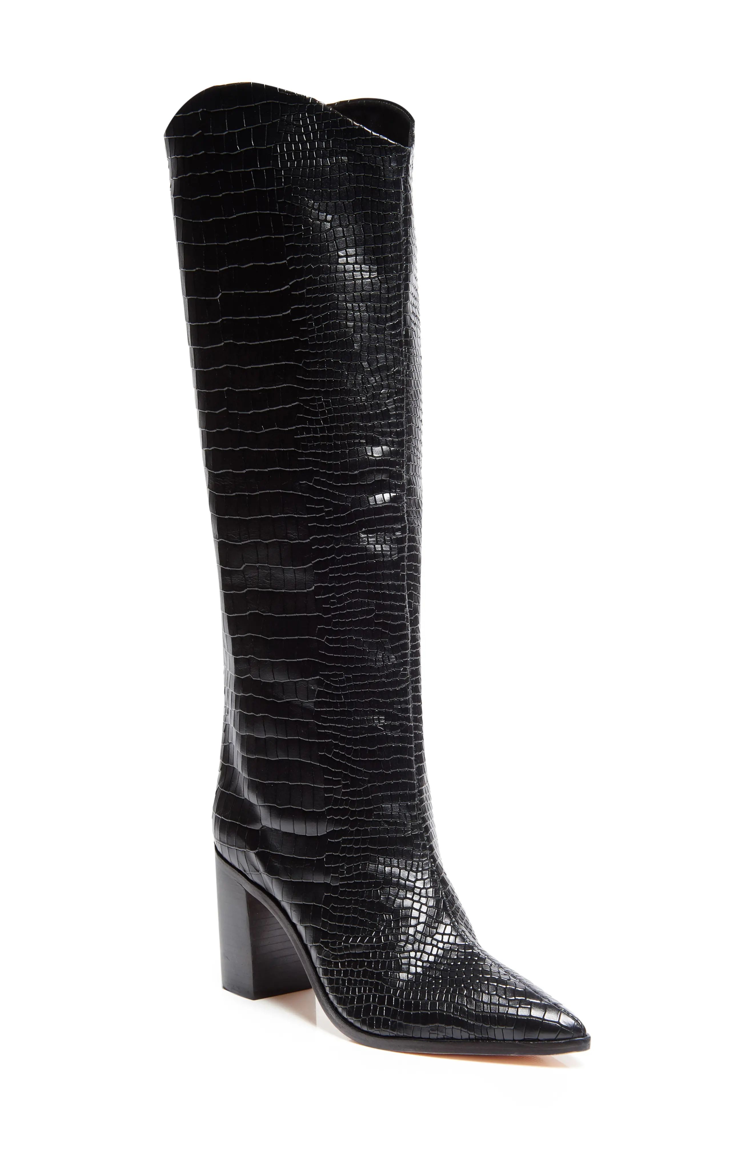 Schutz Analeah Pointed Toe Knee High Boot in Black/Black Snake Embossed at Nordstrom, Size 8 | Nordstrom