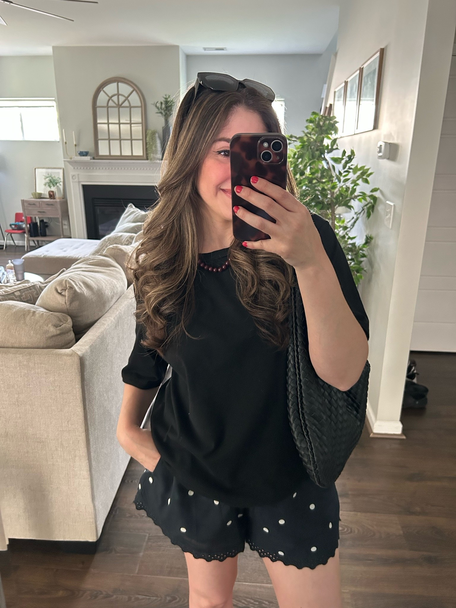 Polka dot shorts 
Beaded necklace 
Black oversized tee
Tory Burch slides

#LTKgrwm #LTKootd #LTKmomlife