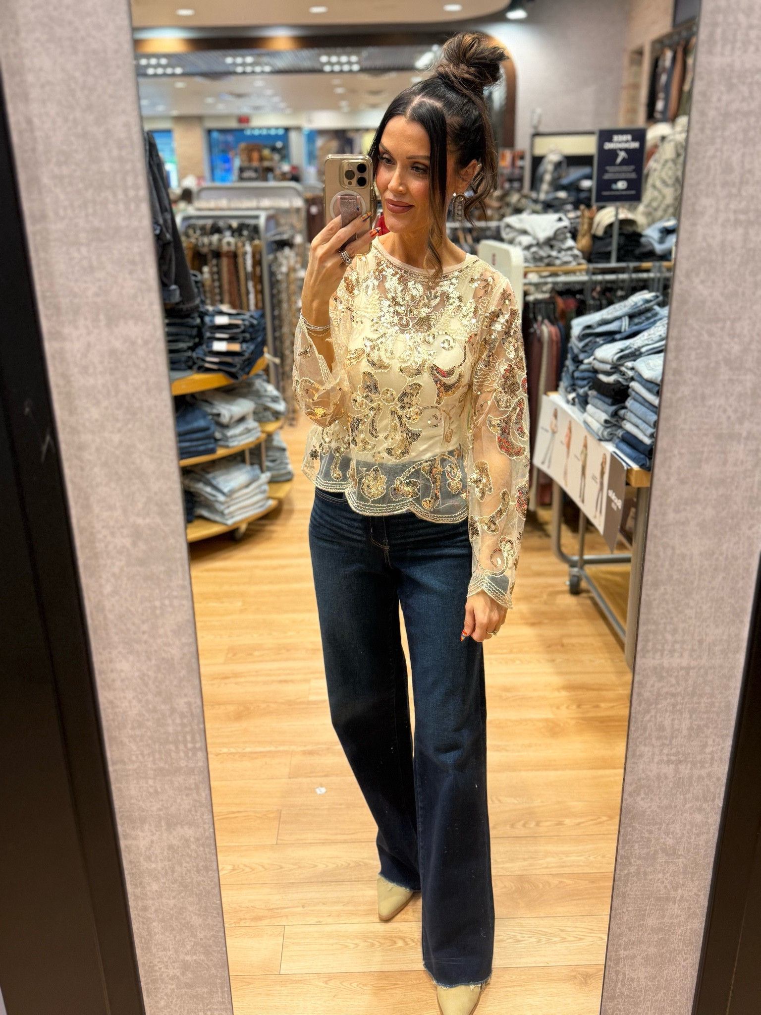 Perfect for holiday parties!
All pieces are from the buckle 
Gold sequin sheer mesh top 
Stretchy dark washed denim jeans 
Mia sand colored booties 

#LTKFindsUnder100 #LTKHoliday #LTKootd