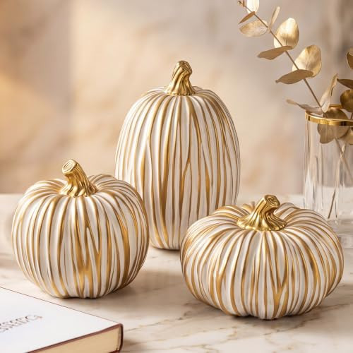 Fall Pumpkin Decor, 3 Pcs White and Gold Resin Pumpkin Decorations for Home | Amazon (US)