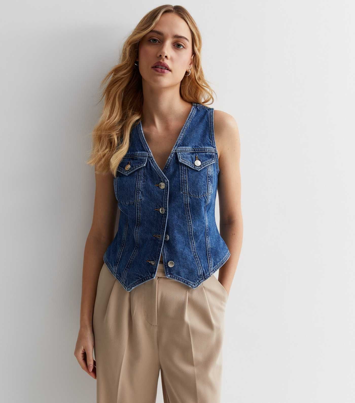 Mid Blue Denim Waistcoat  | New Look | New Look (UK)