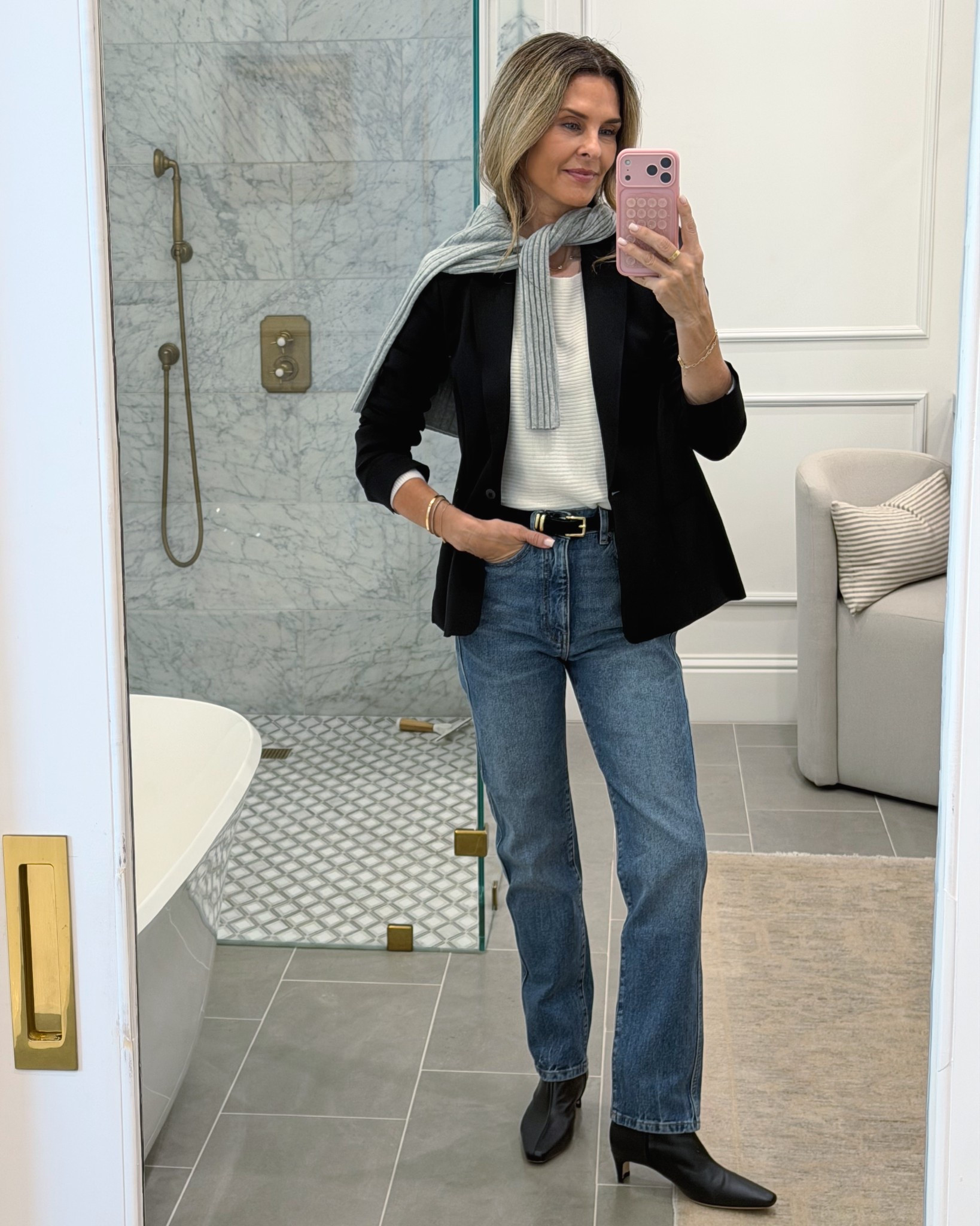 -Blazer is neoprene fabric, fits like a glove and beyond comfortable. 
-Jean fit is so good! Reminds me of a Khaite pair. TTS 
-cashmere on sale Sunday. 
-Ralbots sweater has been on repeat! 



#LTKOver40 #LTKStyleTip #LTKWorkwear