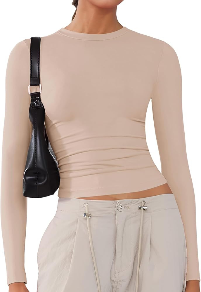 Women's Soft Long Sleeve Shirts Crew Neck Tops Basic Tees Stretchy Going Out Crop Tops Y2K Slim F... | Amazon (US)