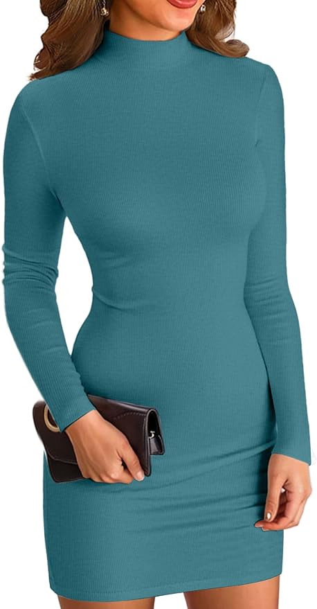 VICHYIE Women Mock Neck Ribbed Bodycon Dress Long Sleeve Mini Pencil Dresses | Amazon (US)