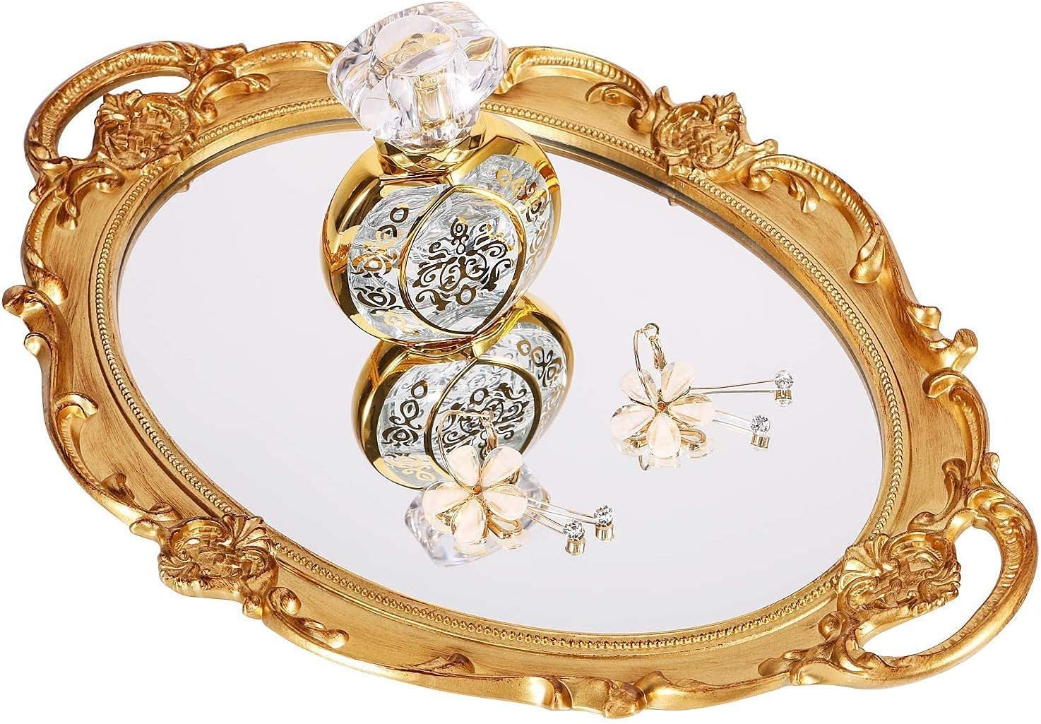 Polyresin Ellipse Antique Decorative Mirror Tray, Makeup Organizer, Jewelry Organizer, Serving Tray, 9.8”x 14.6”, Gold | Amazon (US)