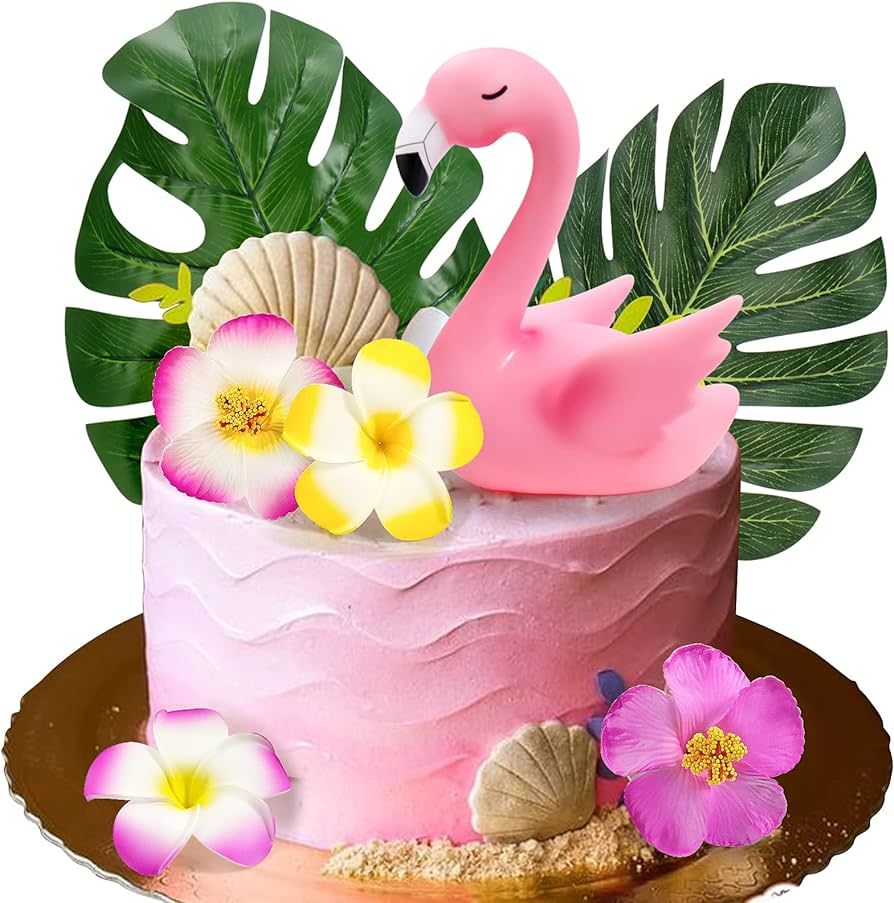 Mity rain 7pcs Flamingo Cake Toppers, Flamingo Palm Leaves Hibiscus Flowers Hawaiian Luau Cake De... | Amazon (US)