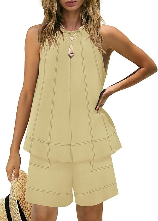 Panadila Womens Summer 2 Piece Sets Beach Vacation Outfits High Neck Tank Top and Shorts Set Reso... | Amazon (US)