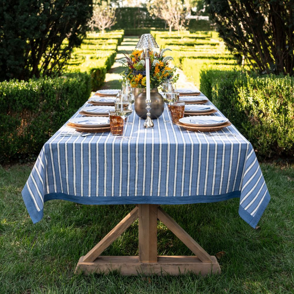 Dotted Stripe Blue Tablecloth – Hand Block Printed Cotton | Pomegranate