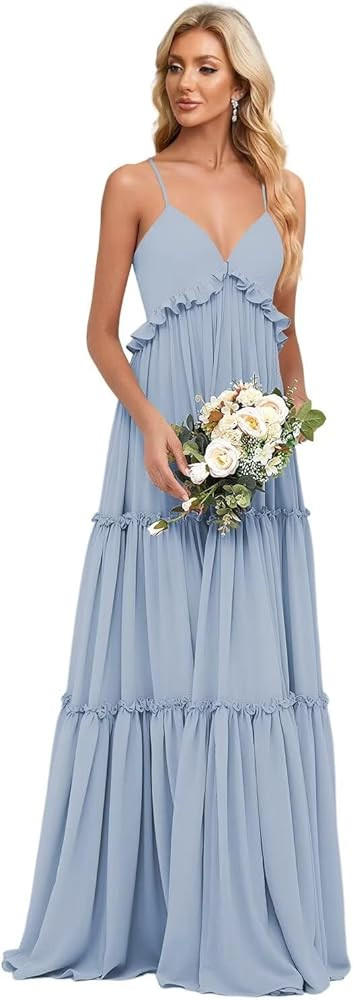 Tiered Long Bridesmaid Dresses for Women Spaghetti Straps Ruffle A Line Chiffon Formal Evening Dr... | Amazon (US)