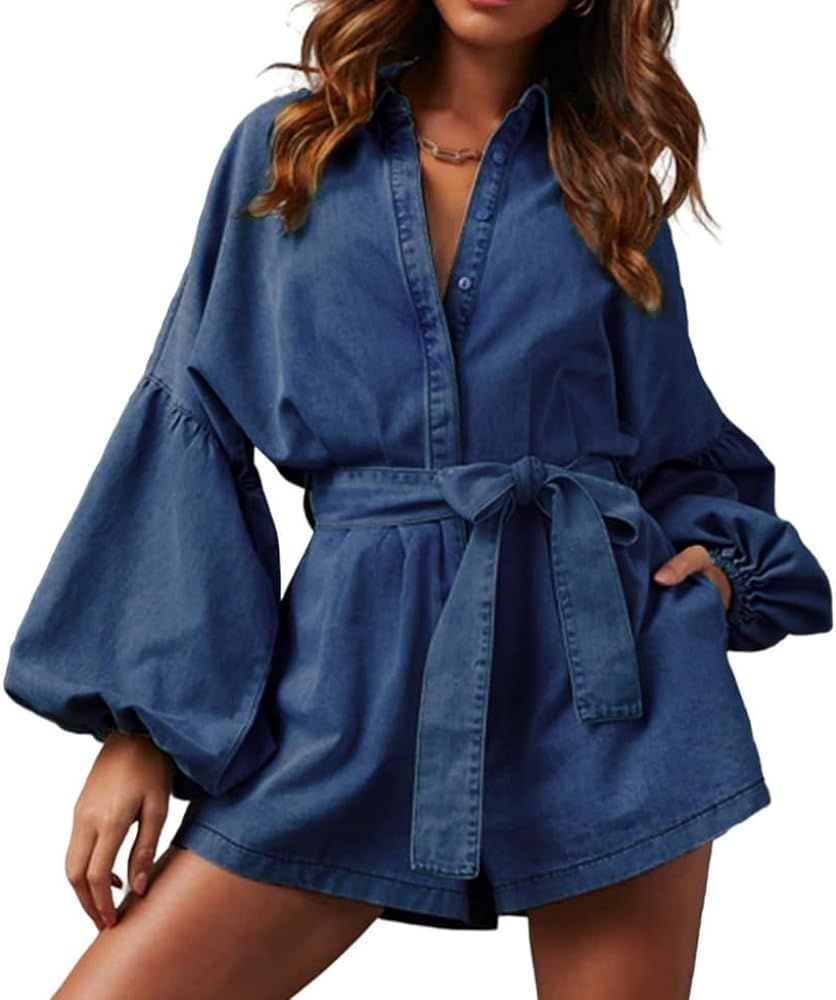Women's Casual Denim Romper Belted Lantern Sleeve Jean Jumpsuits with Pockets | Amazon (US)