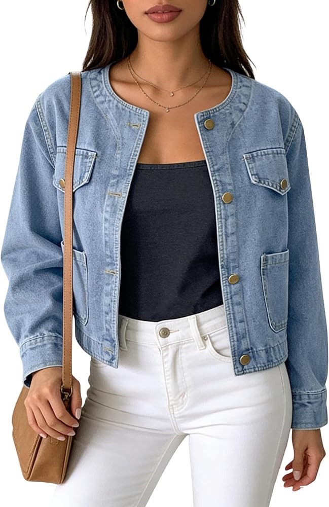 Omoone Women's Short Denim Jacket Spring Summer Long SLeeve Button Down Cropped Jean Jacket with ... | Amazon (US)