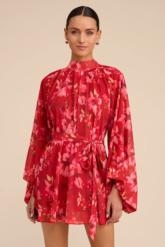 Lata Red Floral Mock Neck Belted Mini Dress | Lulus
