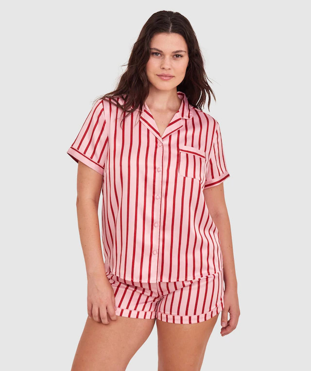 Liquid Satin Short Sleeve Shirt-Print Stripe | BRAS N THINGS 