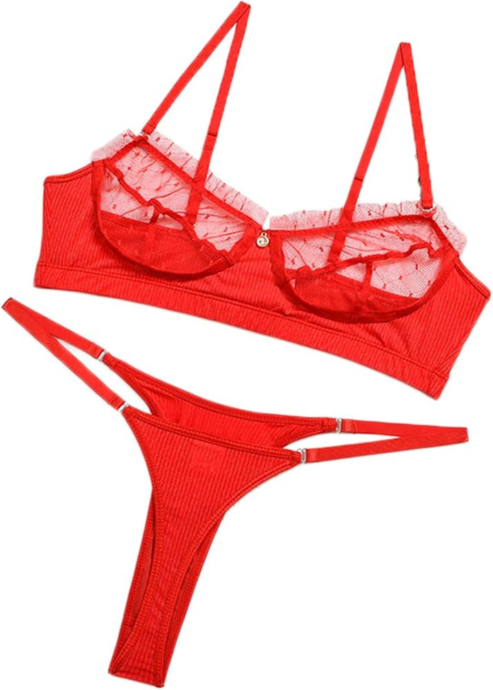 Kaei&Shi Sexy Lingerie for Women,Ruffle 2 Piece Lace Lingerie Set,Sheer Bra and Panty Sets Valent... | Amazon (US)