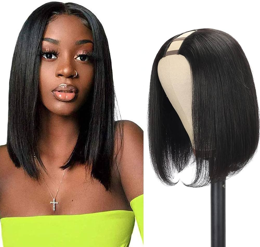 Amella Hair U Part Wig Human Hair Straight Bob Wigs For Black Women 10inch Brazilian Remy Hair Sh... | Amazon (US)