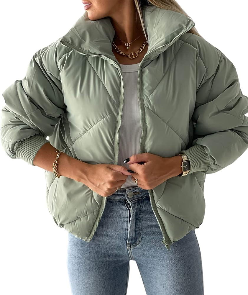 Newffr Womens Quilted Cropped Puffer Jacket Long Sleeve Full Zipper Pocketed Warm Short Bubble Co... | Amazon (US)