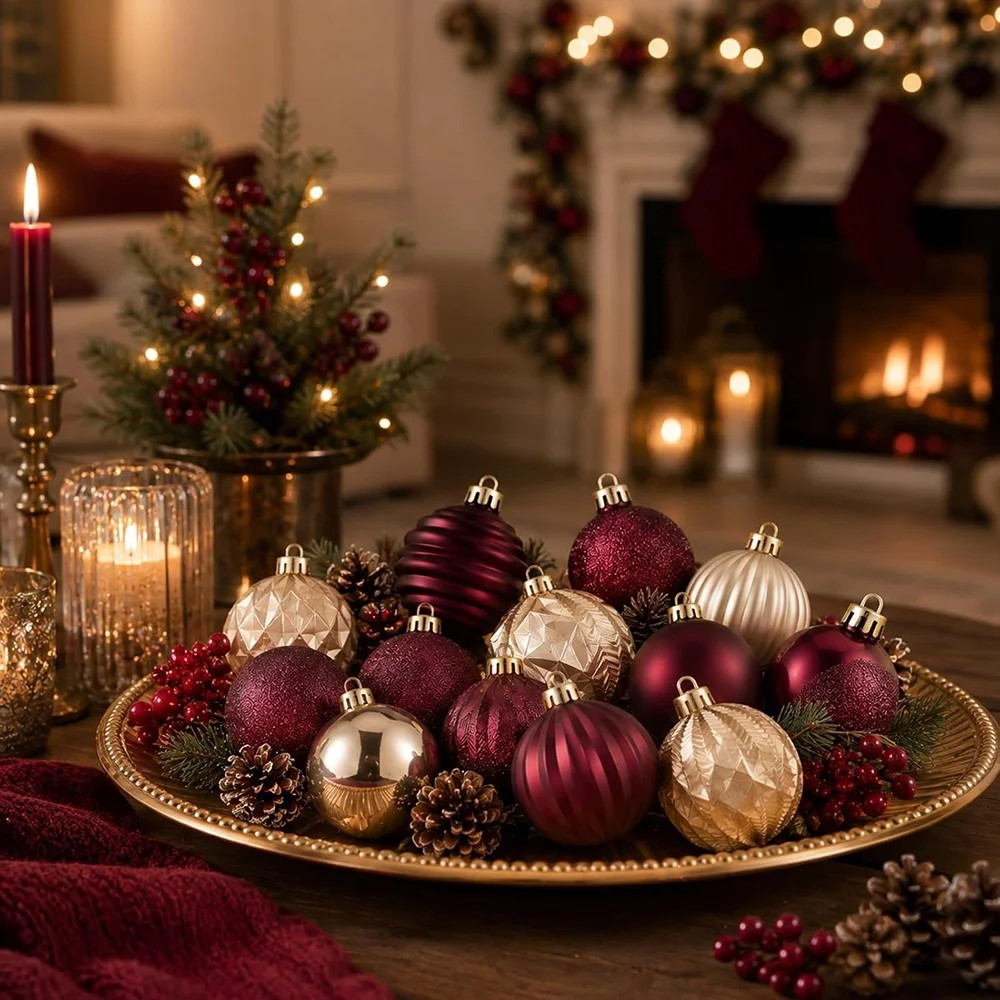 Burgundy and Gold Christmas Ball Ornaments, Shatterproof Holiday Tree Decorations | Wayfair North America