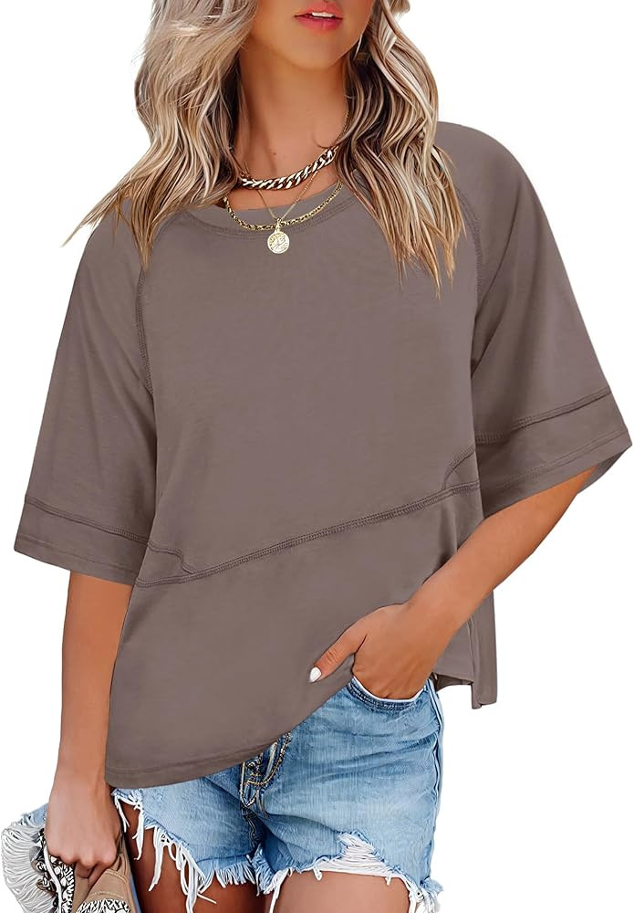 ANRABESS Womens Tops Crewneck Half Sleeve Loose Fit T Shirts Solid Cute Flowy Shirts Summer Casua... | Amazon (US)