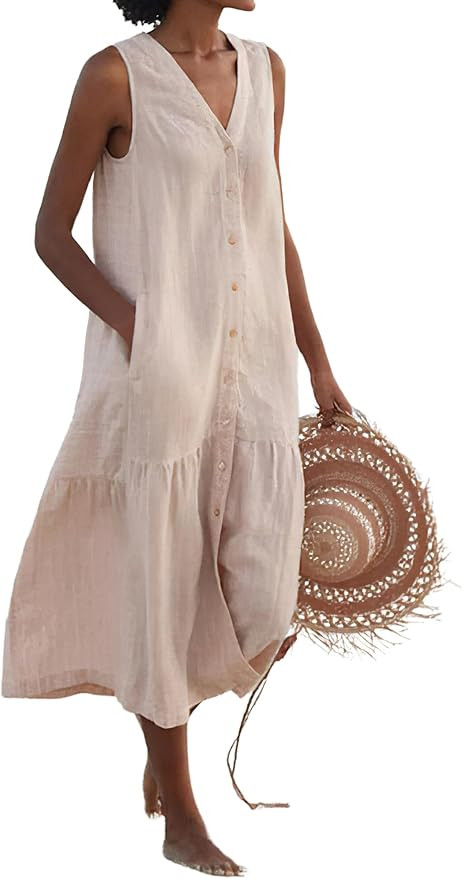 chouyatou Women's Summer Sleeveless Button Down Cotton Tank Dress Loose A-Line Tiered Tunic Beach... | Amazon (US)